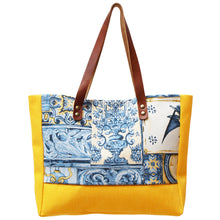 Load image into Gallery viewer, Praceta Lisboa Yellow Canvas Tote Bag with Blue Azulejo Tile Design and Leather Straps