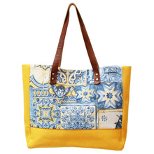 Load image into Gallery viewer, Praceta Lisboa Yellow Canvas Tote Bag with Blue Azulejo Tile Design and Leather Straps