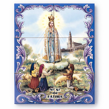 Load image into Gallery viewer, Portuguese Ceramic Tile Wall Panel – Our Lady of Fátima with Shepherd Children, Blue Azulejo Border (11.75" W x 17.6" H)