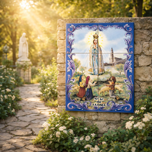 Load image into Gallery viewer, Portuguese Ceramic Tile Wall Panel – Our Lady of Fátima with Shepherd Children, Blue Azulejo Border (11.75" W x 17.6" H)