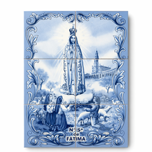 Load image into Gallery viewer, Portuguese Ceramic Tile Blue Wall Panel – Our Lady of Fátima with Shepherd Children, Blue Azulejo Border (11.75" W x 17.6" H)