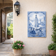 Load image into Gallery viewer, Portuguese Ceramic Tile Blue Wall Panel – Our Lady of Fátima with Shepherd Children, Blue Azulejo Border (11.75" W x 17.6" H)