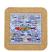 Load image into Gallery viewer, Portuguese Cork & Ceramic Tile Small Trivet with Sardine and City Names Design