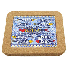 Load image into Gallery viewer, Portuguese Cork & Ceramic Tile Small Trivet with Sardine and City Names Design