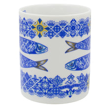 Load image into Gallery viewer, Portuguese Ceramic Mug with Blue and Yellow Sardine and Tile Design, 12 oz