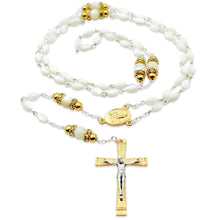 Load image into Gallery viewer, Our Lady of Fatima Rosary - White Mother of Pearl Oval Beads with Gold Tone Accents