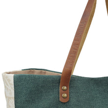Load image into Gallery viewer, Green Canvas Tote Bag with Leather Straps and Beige Floral Side Accents - Made in Portugal