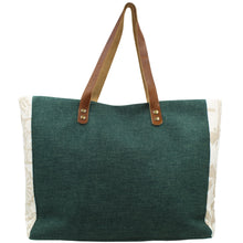 Load image into Gallery viewer, Green Canvas Tote Bag with Leather Straps and Beige Floral Side Accents - Made in Portugal