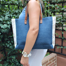 Load image into Gallery viewer, Praceta Lisboa Blue Canvas Tote Bag with Cream Azulejo Tile Design and Leather Straps