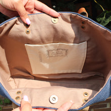 Load image into Gallery viewer, Praceta Lisboa Blue Canvas Tote Bag with Cream Azulejo Tile Design and Leather Straps