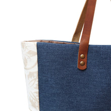 Load image into Gallery viewer, Praceta Lisboa Blue Canvas Tote Bag with Cream Azulejo Tile Design and Leather Straps