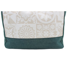 Load image into Gallery viewer, Canvas Tote Bag with Beige Azulejo Tile Pattern, Green Bottom, and Leather Straps