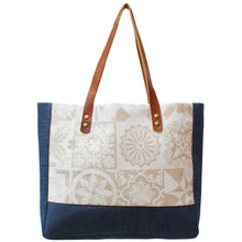 Load image into Gallery viewer, Praceta Lisboa Blue Canvas Tote Bag with Cream Azulejo Tile Design and Leather Straps