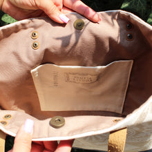 Load image into Gallery viewer, Praceta Lisboa Blue Canvas Tote Bag with Cream Azulejo Tile Design and Leather Straps