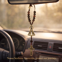 Load image into Gallery viewer, Our Lady of Aparecida Car Rosary – Bronze Medal & Crucifix, 8mm Brown Resin Beads