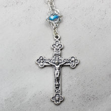 Load image into Gallery viewer, Our Lady of Fatima Rosary with Clear & Blue Beads, Medallion, and Case
