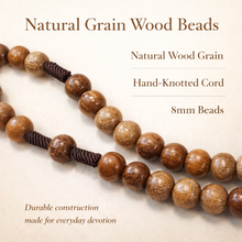 Load image into Gallery viewer, Our Lady of Fátima Wooden Rosary – 8mm Natural Wood Beads, Wooden Crucifix with Metal Corpus