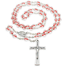 Load image into Gallery viewer, Our Lady of Fatima Rosary – 6mm Red & Clear Glass Heart-Shaped Beads with Silver Tone Crucifix and Fatima Medallion