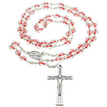 Load image into Gallery viewer, Our Lady of Fatima Rosary – 6mm Red & Clear Glass Heart-Shaped Beads with Silver Tone Crucifix and Fatima Medallion