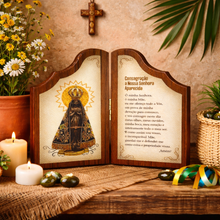 Load image into Gallery viewer, Our Lady of Aparecida Wooden Diptych Prayer Plaque – Catholic Devotional Folding Panel