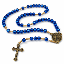 Load image into Gallery viewer, Our Lady of Aparecida Blue Pearl Rosary – 8mm Metallic Beads, Bronze Crucifix & Double-Sided Medallion