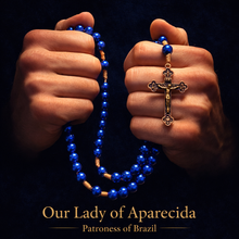 Load image into Gallery viewer, Our Lady of Aparecida Blue Pearl Rosary – 8mm Metallic Beads, Bronze Crucifix & Double-Sided Medallion