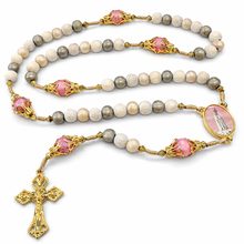 Load image into Gallery viewer, Our Lady of Fátima Wood Rosary with Pink Gold Filigree Accents, 8mm Beads