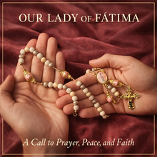 Load image into Gallery viewer, Our Lady of Fátima Wood Rosary with Pink Gold Filigree Accents, 8mm Beads