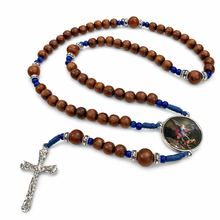 Load image into Gallery viewer, Saint Michael the Archangel Rosary – Brown Wood & Blue Bead Catholic Rosary with Silver Crucifix