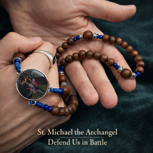 Load image into Gallery viewer, Saint Michael the Archangel Rosary – Brown Wood & Blue Bead Catholic Rosary with Silver Crucifix
