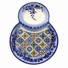 Load image into Gallery viewer, Portuguese Azulejo Ceramic Olive Dish with Pit Holder – Blue Tile Design Snack Bowl