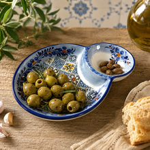 Load image into Gallery viewer, Portuguese Azulejo Ceramic Olive Dish with Pit Holder – Blue Tile Design Snack Bowl