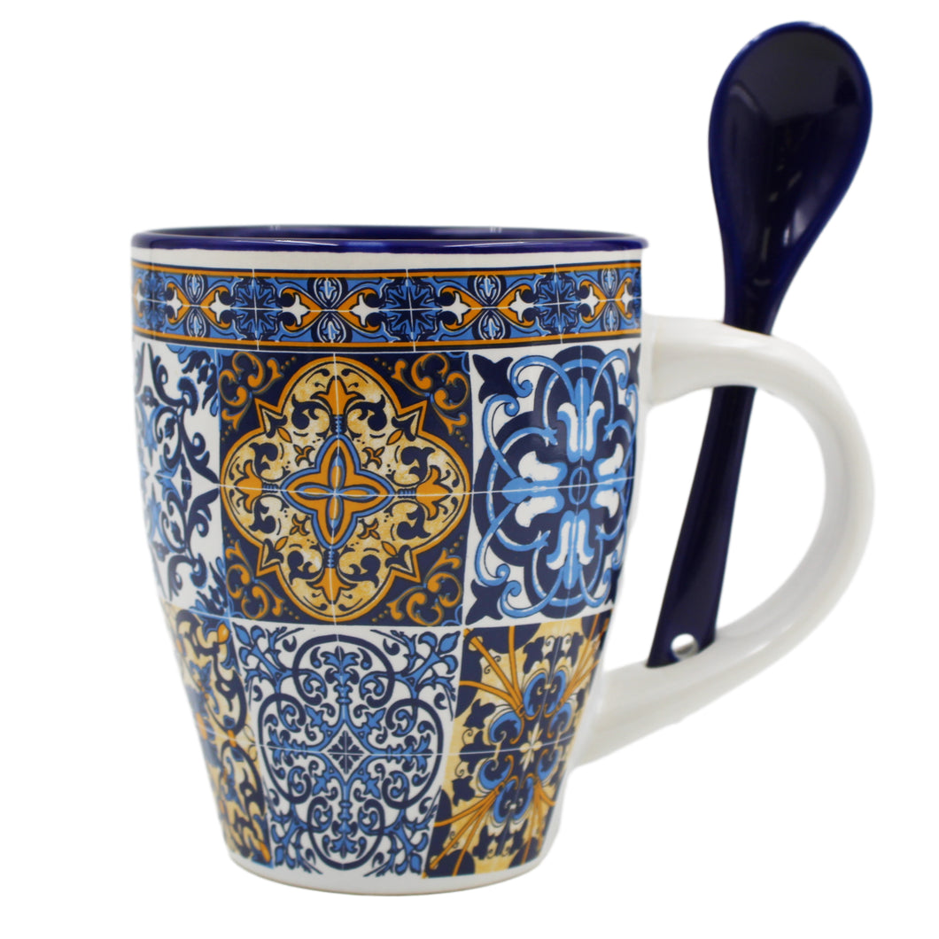 Traditional Portuguese Blue & Orange Tile Azulejo Ceramic Mug with Spoon