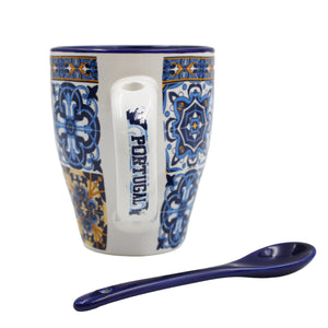 Traditional Portuguese Blue & Orange Tile Azulejo Ceramic Mug with Spoon