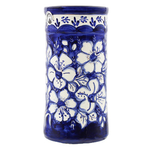Hand-Painted Portuguese Terracotta Blue & White Floral Wine Bottle Holder