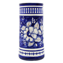 Load image into Gallery viewer, Hand-Painted Portuguese Terracotta Blue &amp; White Floral Wine Bottle Holder
