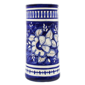 Hand-Painted Portuguese Terracotta Blue & White Floral Wine Bottle Holder