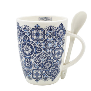 Portuguese Blue Tile Azulejo Ceramic Coffee Mug with Spoon, 12 oz.