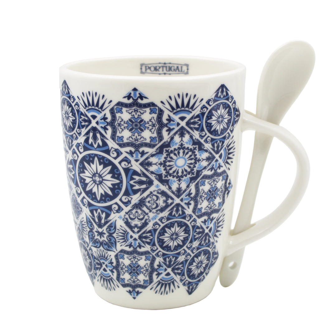 Portuguese Blue Tile Azulejo Ceramic Coffee Mug with Spoon, 12 oz.
