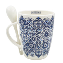 Load image into Gallery viewer, Portuguese Blue Tile Azulejo Ceramic Coffee Mug with Spoon, 12 oz.
