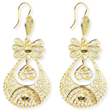Load image into Gallery viewer, Traditional Portuguese Filigree Earrings, Gold-Color Rancho Style with Heart & Floral Design