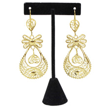 Load image into Gallery viewer, Traditional Portuguese Filigree Earrings, Gold-Color Rancho Style with Heart & Floral Design