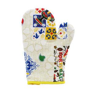 100% Cotton Portuguese Azulejo Good Luck Rooster Hearts Yellow Oven Mitt Set