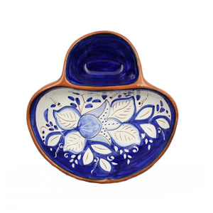 Hand-painted Portuguese Pottery Clay Terracotta Blue Floral Olive Dish
