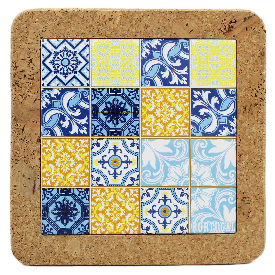 Portugal Tile Azulejo Themed Blue and Yellow Cork Trivet