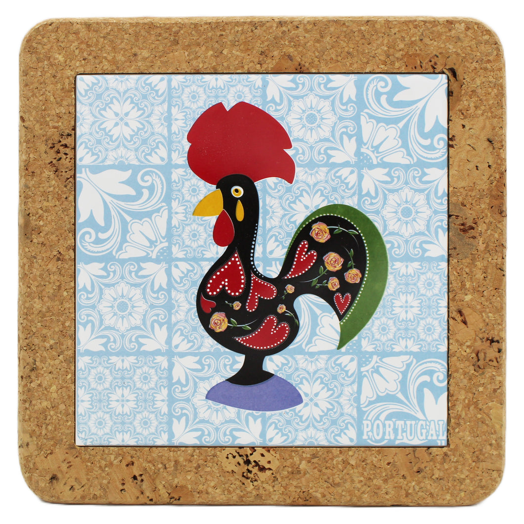 Portugal Tile Azulejo Themed Good Luck Rooster Cork Trivet