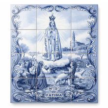 Load image into Gallery viewer, Portuguese Ceramic Tile Blue Wall Panel – Our Lady of Fátima with Shepherd Children, Blue Azulejo Border (17.6" W x 23.6" H)
