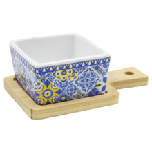 Load image into Gallery viewer, Portuguese Azulejo Style Sauce & Snack Dish with Wooden Serving Tray, Blue & Yellow