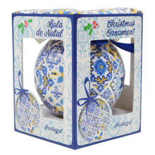 Load image into Gallery viewer, Portugal Christmas Ornament Ball with Blue and Yellow Azulejo Tile Design and Ribbon