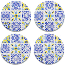 Load image into Gallery viewer, Set of 4 Portuguese Ceramic Coasters with Cork Backing – Blue Yellow Azulejo Tile Design